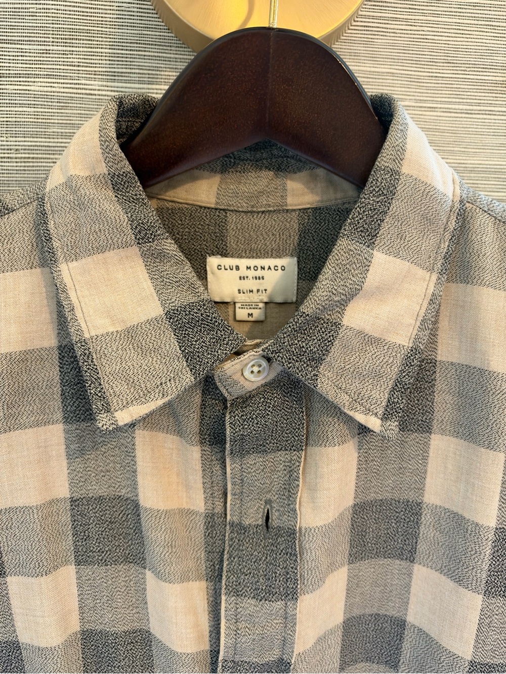 Club Monaco Cream and Gray Check Slim Button-Down Shirt